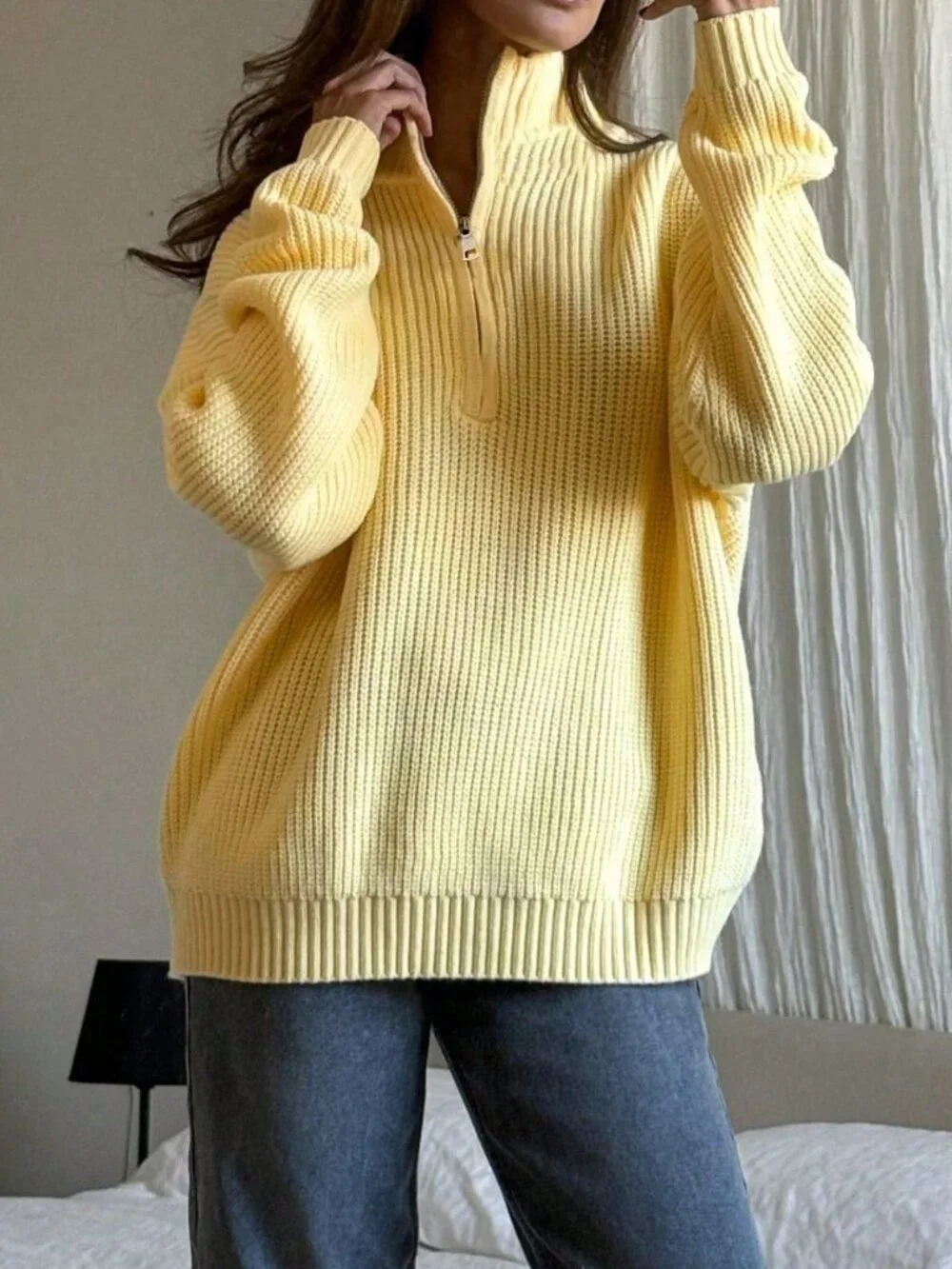 Yellow Women's Casual Ribbed Long Sleeve Sweater_3